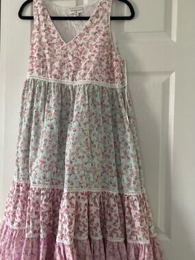 LoveShackFancy Pink and Mint Tiered Floral Midi Dress